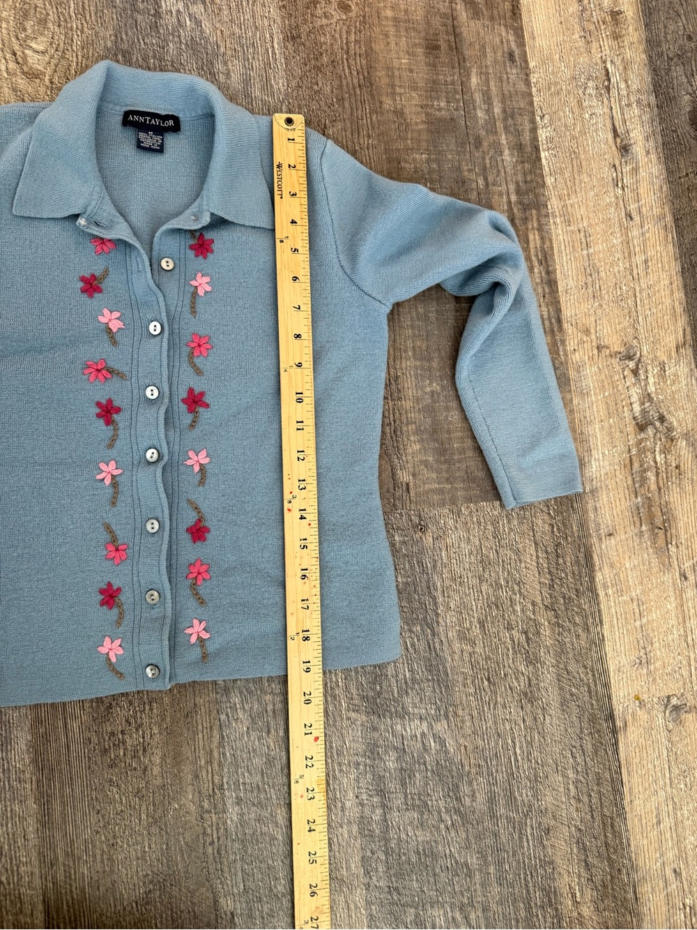 Vintage Ann Taylor Merino Wool Floral Embroidered Cardigan Blue M - Picture 14 of 15